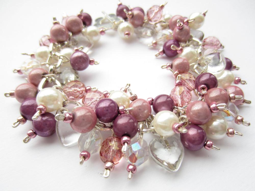 Cluster Bracelet, Pearl Bracelet, Pink, Purple, Miracle Beads, Glass Hearts, Pearls, Charm Bracelet
