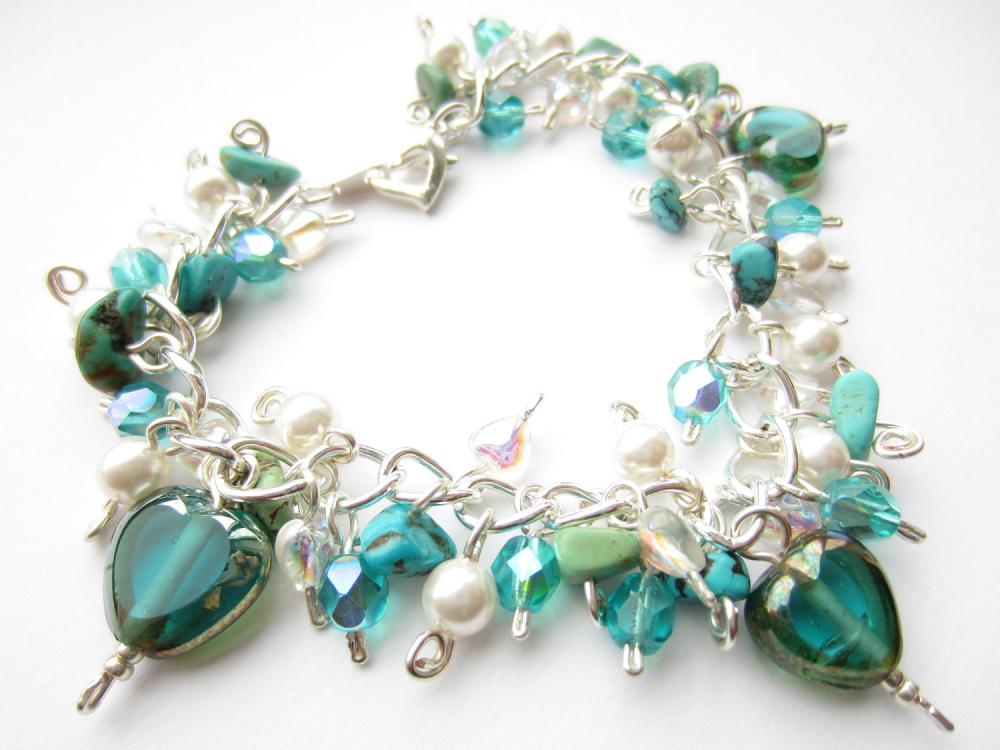 Turquoise Cluster Bracelet, Swarovski Pearl Bracelet, Crystal Hearts, Teal Blue, Glass Hearts, Charm Bracelet, Something Blue Bridal Wedding