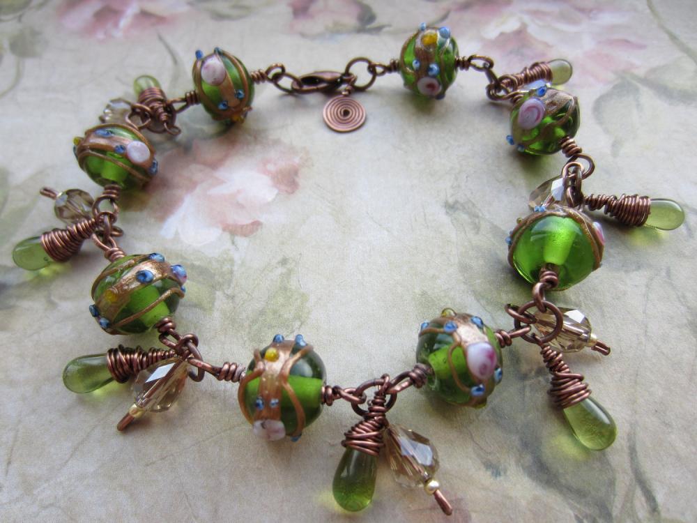 Emerald Green Bracelet, Copper Wire Bracelet, Lampwork Bead Bracelet, Cluster Bracelet, Green, Antique Copper, Gold, Steampunk