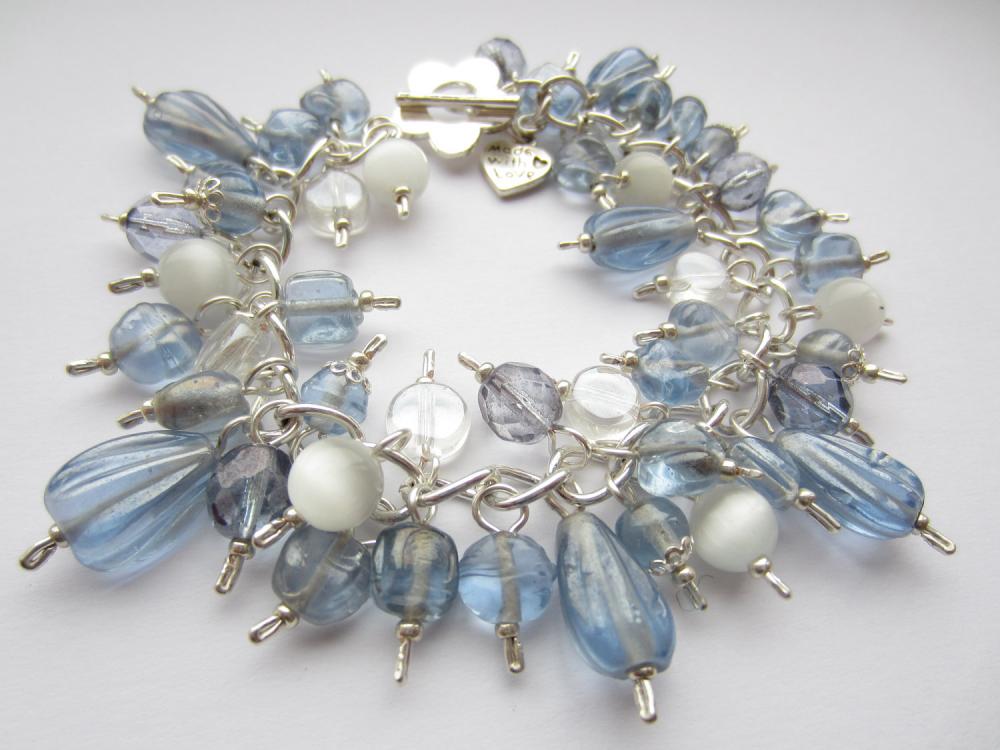 Pale Blue Bracelet, Blue and Silver Bracelet, Cluster Bracelet, Cats Eye Bead, Denim Blue, Powder Blue, Charm Bracelet, Something Blue