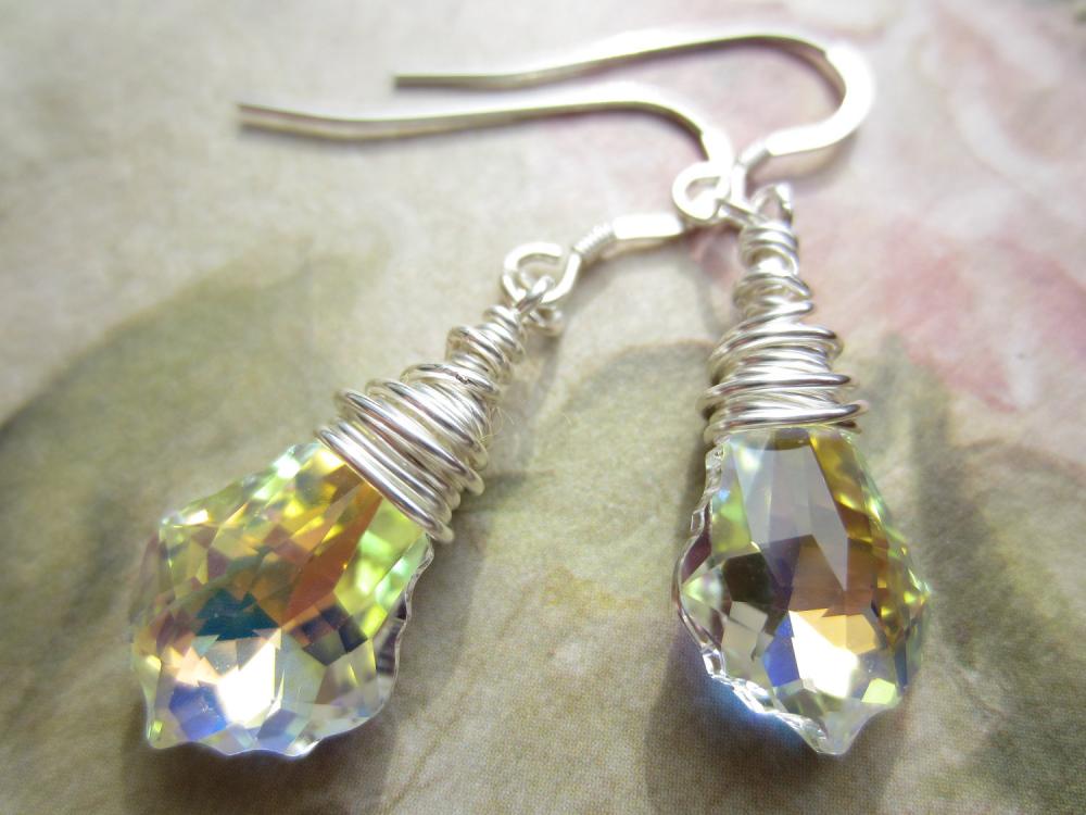 Swarovski Crystal Earrings, Wire Wrapped Earrings, Crystal Briolette, Baroque Earrings, Silver and Crystal