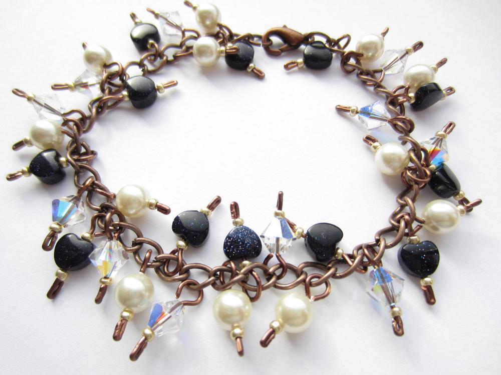 Goldstone Bracelet, Swarovski Crystal, Swarovski Pearl, Antique Copper Bracelet, Blue Goldstone