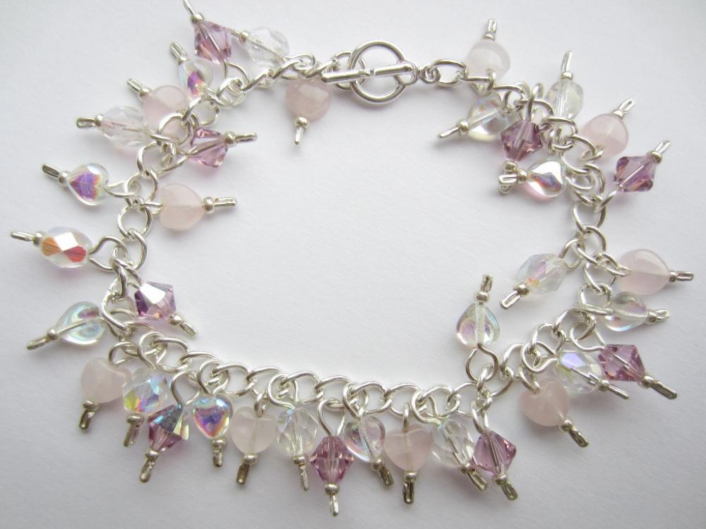 Rose Quartz Bracelet, Swarovski Crystal Bracelet, Pink, Semi Precious, Cluster Bracelet, Pink Hearts, Bridal, Wedding Bracelet