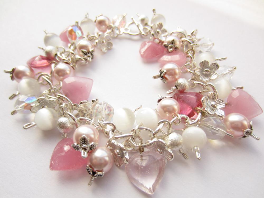Cluster Bracelet, Pink Swarovski Pearls, Cats Eye Beads, Stardust, Silver Bracelet, Glass Hearts, Flower Charms