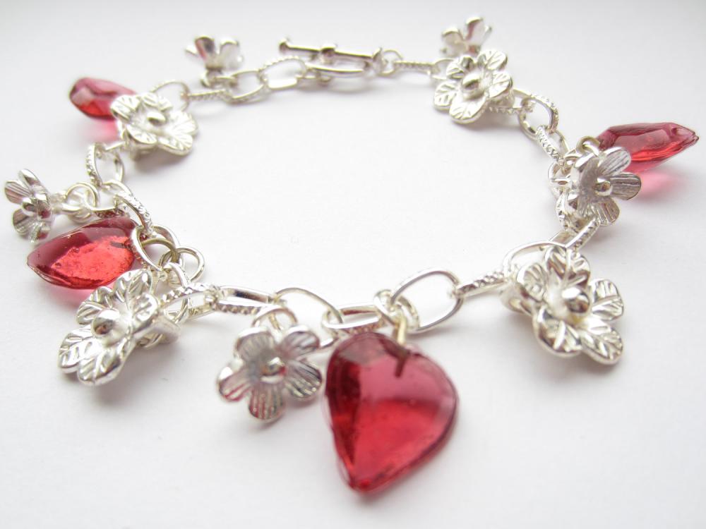 Charm Bracelet, Silver Bracelet, Pink Hearts, Flowers