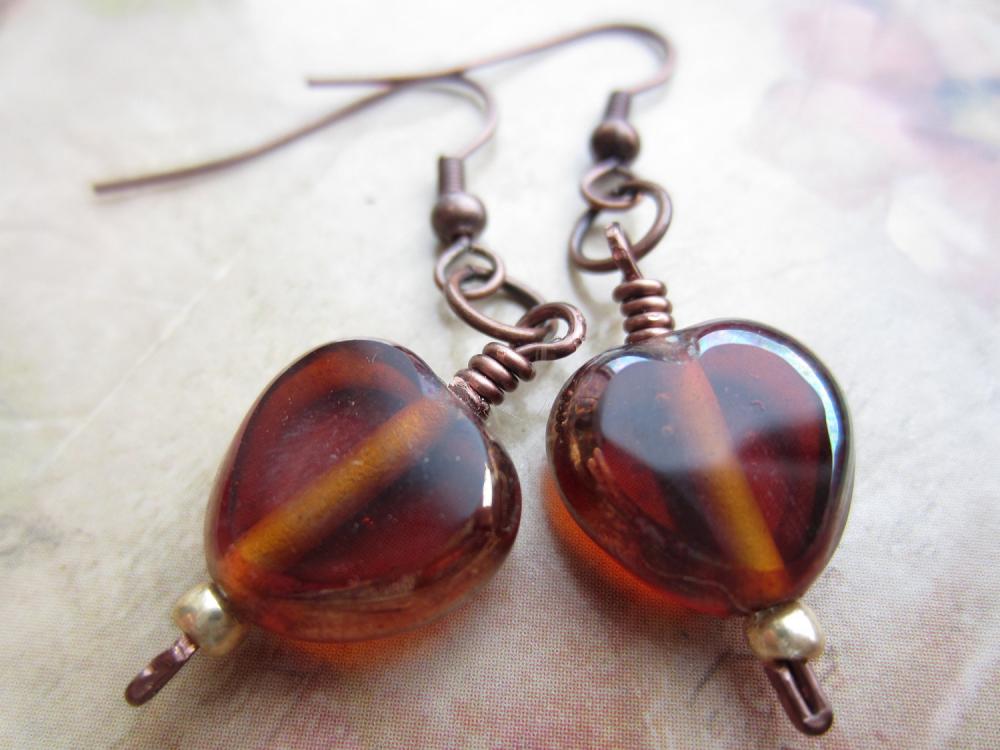 Topaz Glass Earrings, Glass Heart Earrings, Copper Wire Earrings, Golden Glass, Copper Glass, Autumn, Fall, Drop Earrings, Dangle