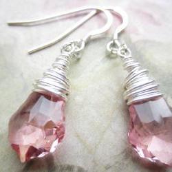 Crystal Earrings, Swarovski Earrings, Pink Crystal Earrings, Wire Wrapped, Briolette, Pale Pink, Baroque Earrings, Bridal Earrings, Wedding