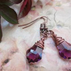Swarovski Crystal Earrings, Wire Wrapped Jewellery, Drop Earrings, Steampunk, Briolettes, Baroque Earrings, Copper, Purple, Amethyst