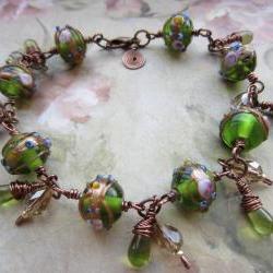 Emerald Green Bracelet, Copper Wire Bracelet, Lampwork Bead Bracelet, Cluster Bracelet, Green, Antique Copper, Gold, Steampunk