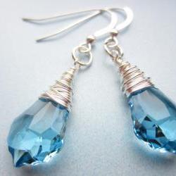 Swarovski Crystal Earrings, Wire Wrapped Earrings, Blue Crystal, Aquamarine, Briolette, Baroque, Drop, Wedding, Bridal, Something Blue