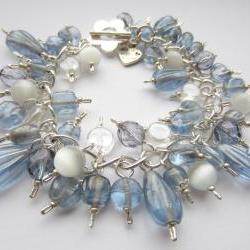 Pale Blue Bracelet, Blue and Silver Bracelet, Cluster Bracelet, Cats Eye Bead, Denim Blue, Powder Blue, Charm Bracelet, Something Blue