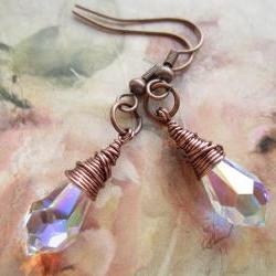 Swarovski Crystal Earrings, Copper Wire Wrapped Earings, Crystal Drop Earrings, Bridal Jewellery, Wedding, Steampunk
