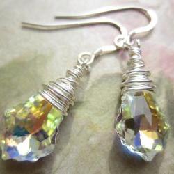 Swarovski Crystal Earrings, Wire Wrapped Earrings, Crystal Briolette, Baroque Earrings, Silver and Crystal