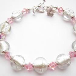 Crystal Bracelet, Glass Bead Bracelet, Pink Swarovski Crystals, Indian Glass Beads, Flower Charm