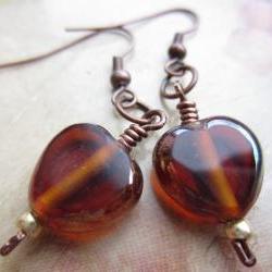 Topaz Glass Earrings, Glass Heart Earrings, Copper Wire Earrings, Golden Glass, Copper Glass, Autumn, Fall, Drop Earrings, Dangle